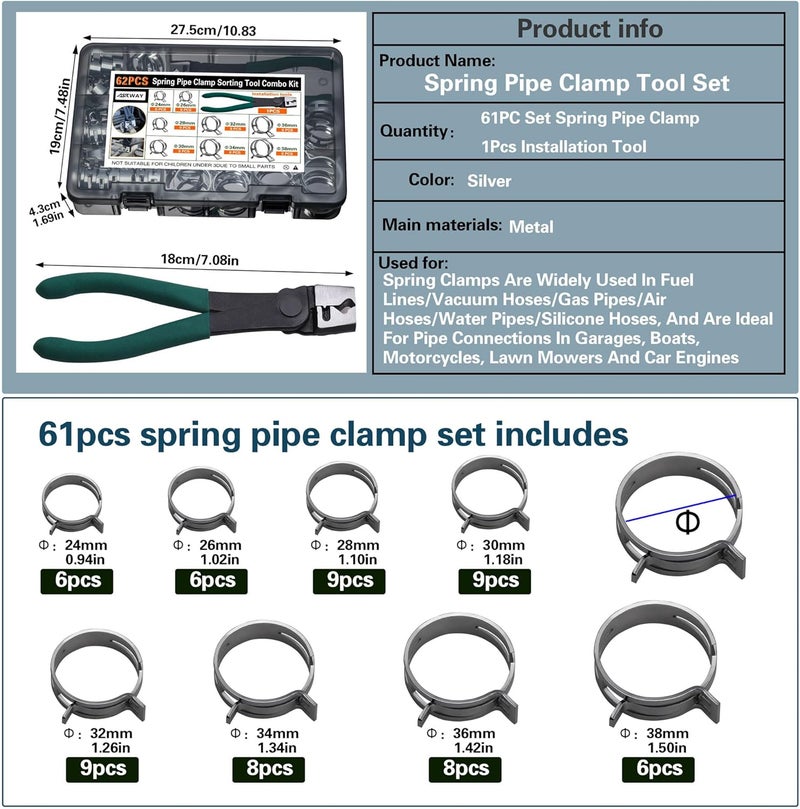AskWay Automotive spring hose clamps 24-38 mm, 62 pcs fuel coolant pipe clamp tools in 8 sizes, used to fix hose interfaces in automotive, marine, gardening, and industrial applications - Image 2